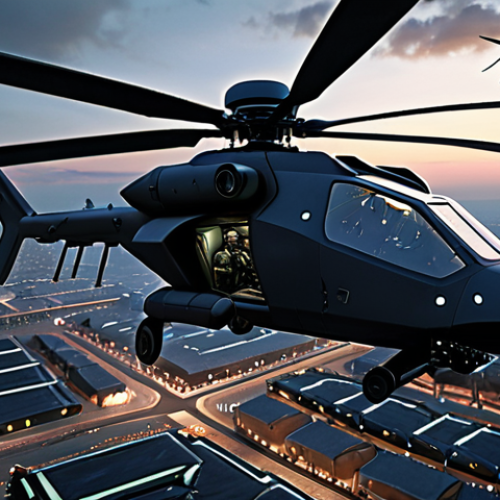 Home 22 **Prompt:** A futuristic, sleek military helicopter with advanced stealth features, acting as a mobile command center. It is surrounded by a swarm of autonomous combat drones executing various tasks. The cockpit glows with holographic AI tactical displays, showing networked operations over a complex urban landscape at dusk. High-tech, intelligent warfare, photorealistic, cinematic lighting, 8K.