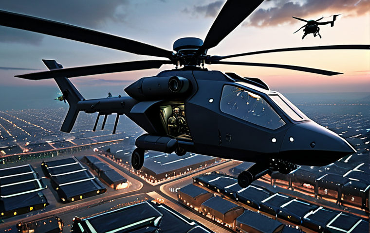 **Prompt:** A futuristic, sleek military helicopter with advanced stealth features, acting as a mobile command center. It is surrounded by a swarm of autonomous combat drones executing various tasks. The cockpit glows with holographic AI tactical displays, showing networked operations over a complex urban landscape at dusk. High-tech, intelligent warfare, photorealistic, cinematic lighting, 8K.