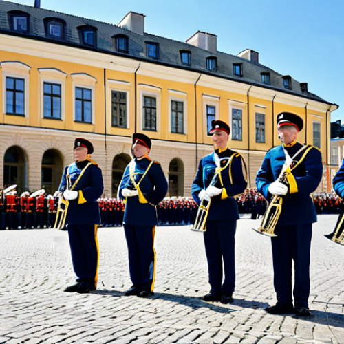 Home 21 A group of professional musicians, members of the Arméns Musikkår (Swedish Army Band), dressed in their distinctive ceremonial military uniforms featuring traditional elements and colors. They are performing outdoors in a grand, historic public square in a Swedish city, with classic architecture in the background, under clear skies. The image is a high-resolution, professional photograph capturing dynamic movement and focused expressions, reflecting national pride and cultural representation. fully clothed, appropriate attire, modest clothing, safe for work, appropriate content, professional, perfect anatomy, correct proportions, natural pose, well-formed hands, proper finger count, natural body proportions.