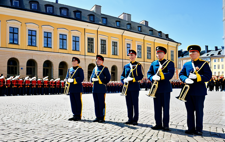 A group of professional musicians, members of the Arméns Musikkår (Swedish Army Band), dressed in their distinctive ceremonial military uniforms featuring traditional elements and colors. They are performing outdoors in a grand, historic public square in a Swedish city, with classic architecture in the background, under clear skies. The image is a high-resolution, professional photograph capturing dynamic movement and focused expressions, reflecting national pride and cultural representation. fully clothed, appropriate attire, modest clothing, safe for work, appropriate content, professional, perfect anatomy, correct proportions, natural pose, well-formed hands, proper finger count, natural body proportions.